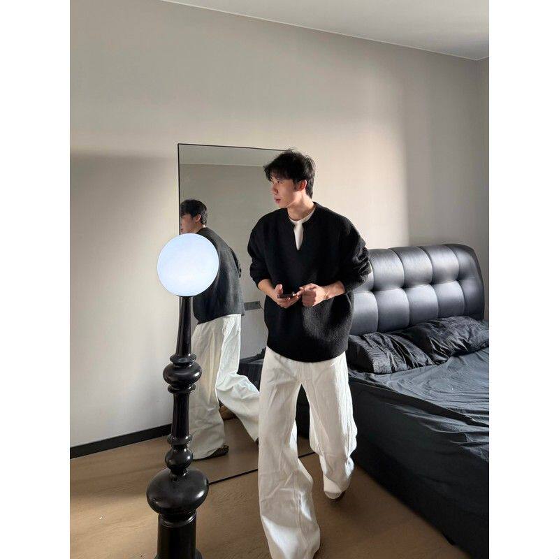 ALCF原创秋冬季加厚v领针织衫cleanfit慵懒风ins宽松情侣套头毛衣