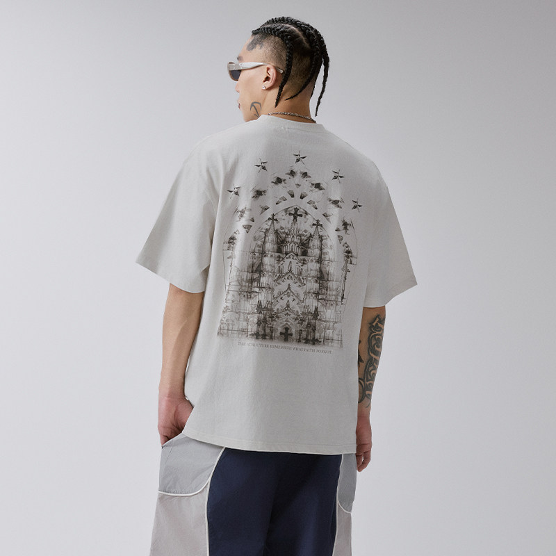 F2CE暗黑哥特教堂印花短袖美式高街廓形夏潮牌落肩袖休闲宽松T恤