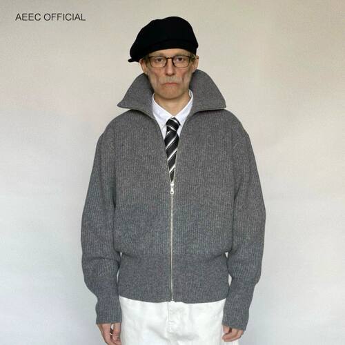 aeec official宽松复古基础百分百羊毛慵懒拉链针织毛衣外套