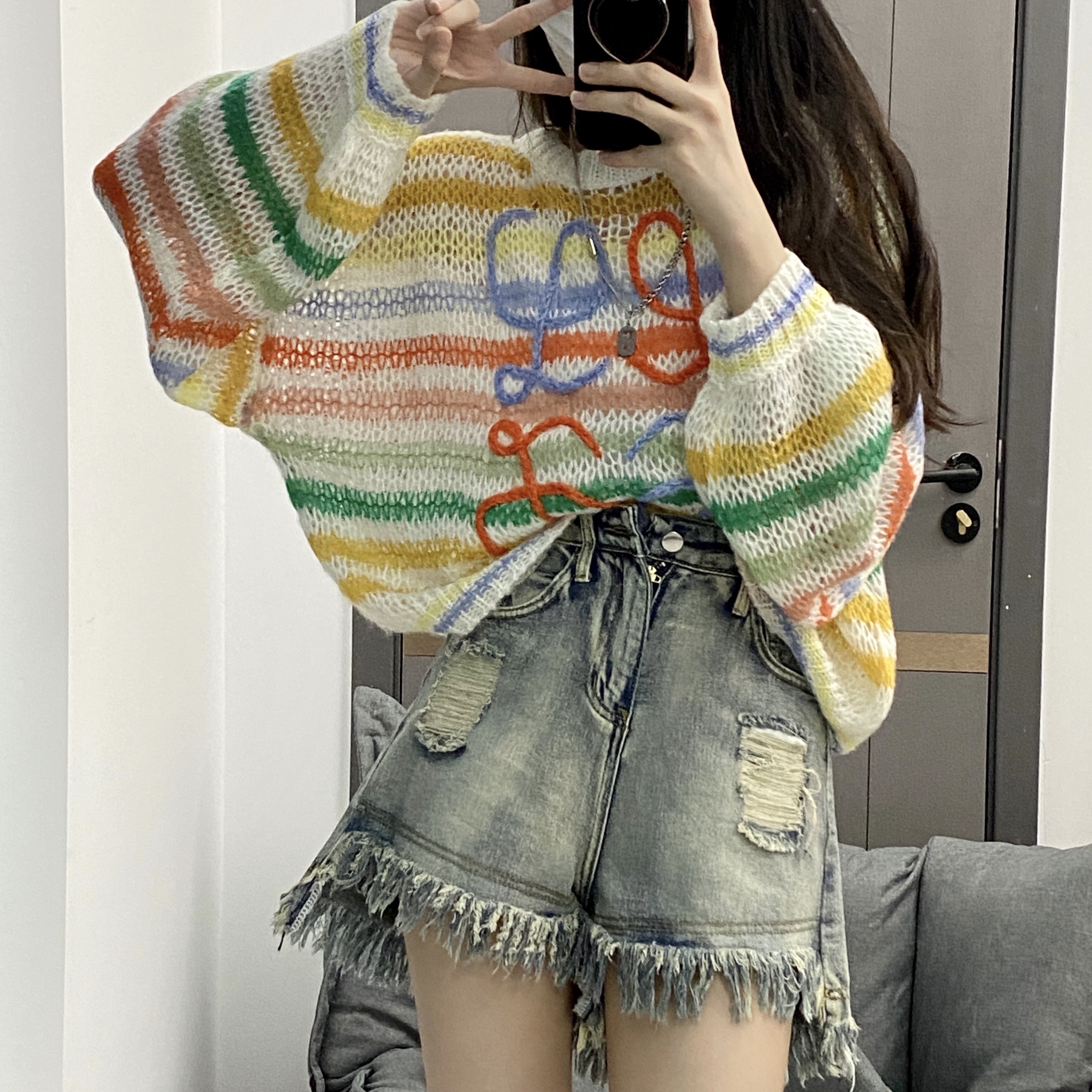 韩版宽松彩虹条纹针织衫毛衣女秋季2022新款百搭休闲小众别致上衣
