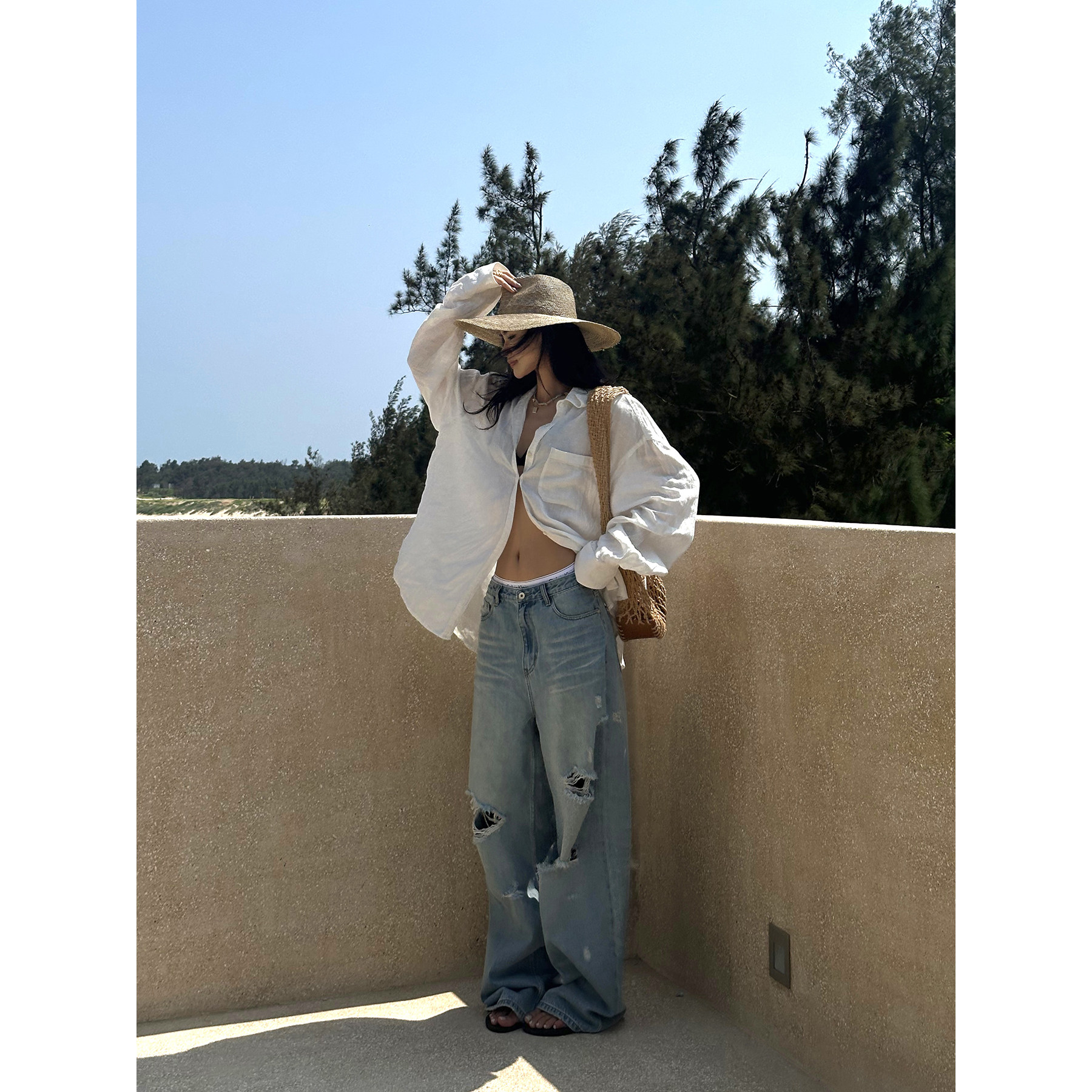 原创蓝调布鲁斯宽松裤子女夏显瘦直筒阔腿裤不规则破洞牛仔裤