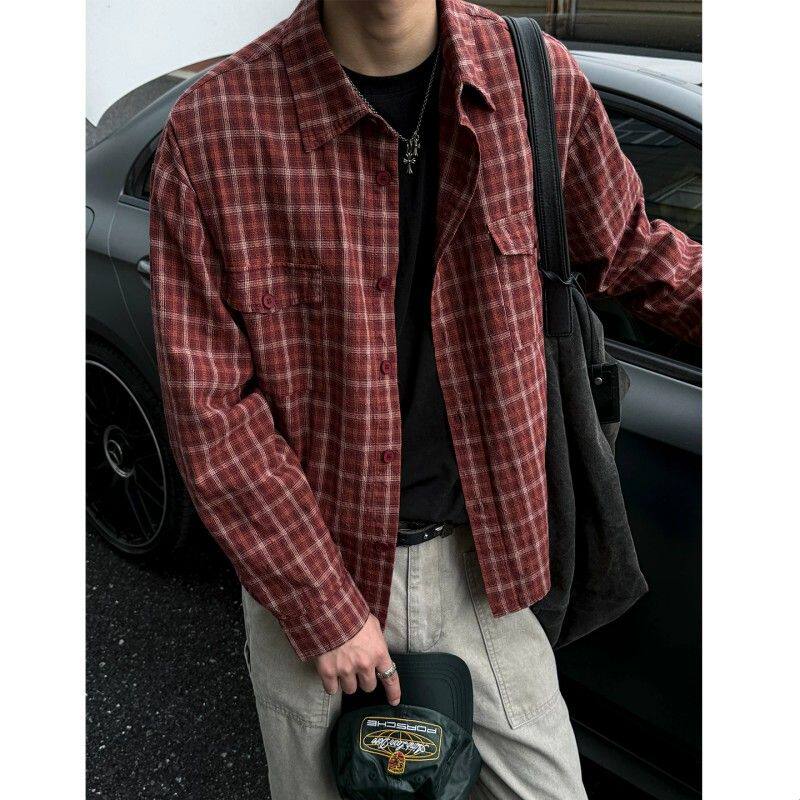 提花磨毛工艺 老钱风格子衬衫男长袖春秋Boxy短廓衬衣潮