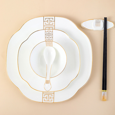 金边骨瓷摆台餐具星级酒店八件套装饭碗盘勺会所包厢餐具定制logo