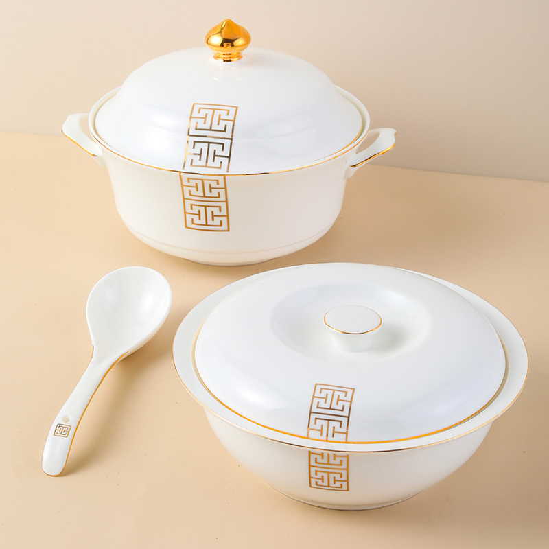 带盖骨瓷大汤碗轻奢金边陶瓷汤盆品锅家用圆形富贵大号宫廷汤煲