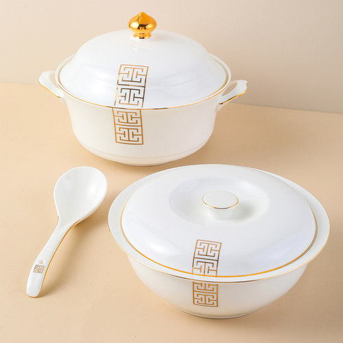 带盖骨瓷大汤碗轻奢金边陶瓷汤盆品锅家用圆形富贵大号宫廷汤煲
