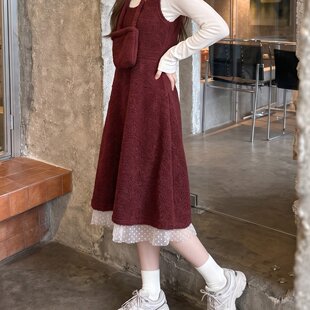 黄色慵懒风花边毛呢背心连衣裙女秋冬款叠穿半高领长袖T恤套装