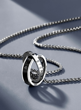纯银项链潮酷双圆环吊坠男潮牌高级嘻哈冷淡风颈链小众百搭卫衣链