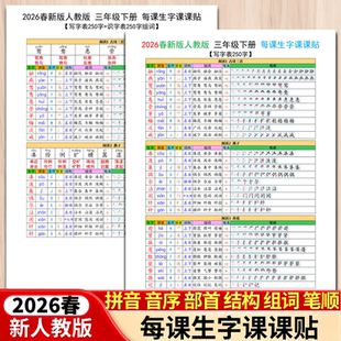 2026春人教版三年级下册每课课本生字不干胶课课贴写字表组词笔顺