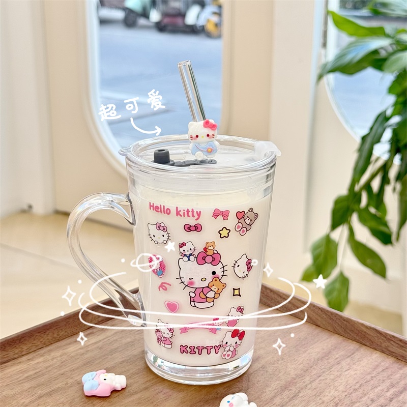 可爱带吸管玻璃杯水杯ins风透明高颜值带盖带把手家用喝水杯子