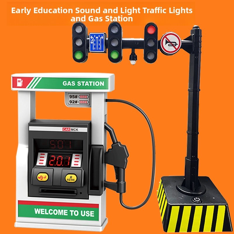 儿童声光红绿灯加油站玩具宝宝幼儿早教交通信号灯模型合金小汽车
