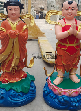 精品纯铜彩绘童男童女佛像摆件