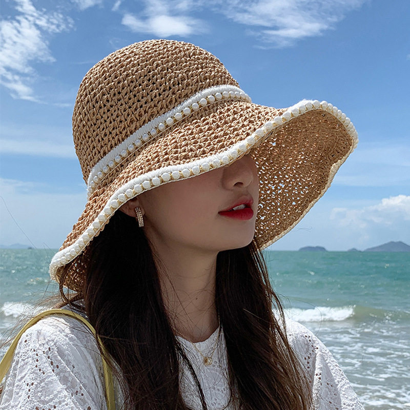 防紫外线帽子女2025新款编织草帽薄款遮阳海边沙滩渔夫太阳帽度假