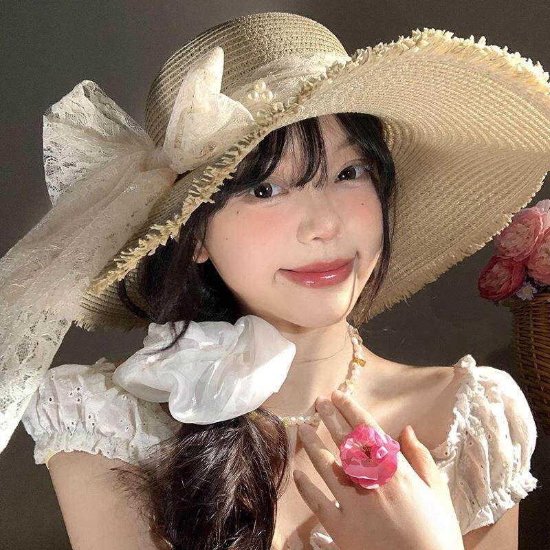 蕾丝蝴蝶结草帽防晒帽子防晒遮阳帽女士太阳帽女款2025新款冬季