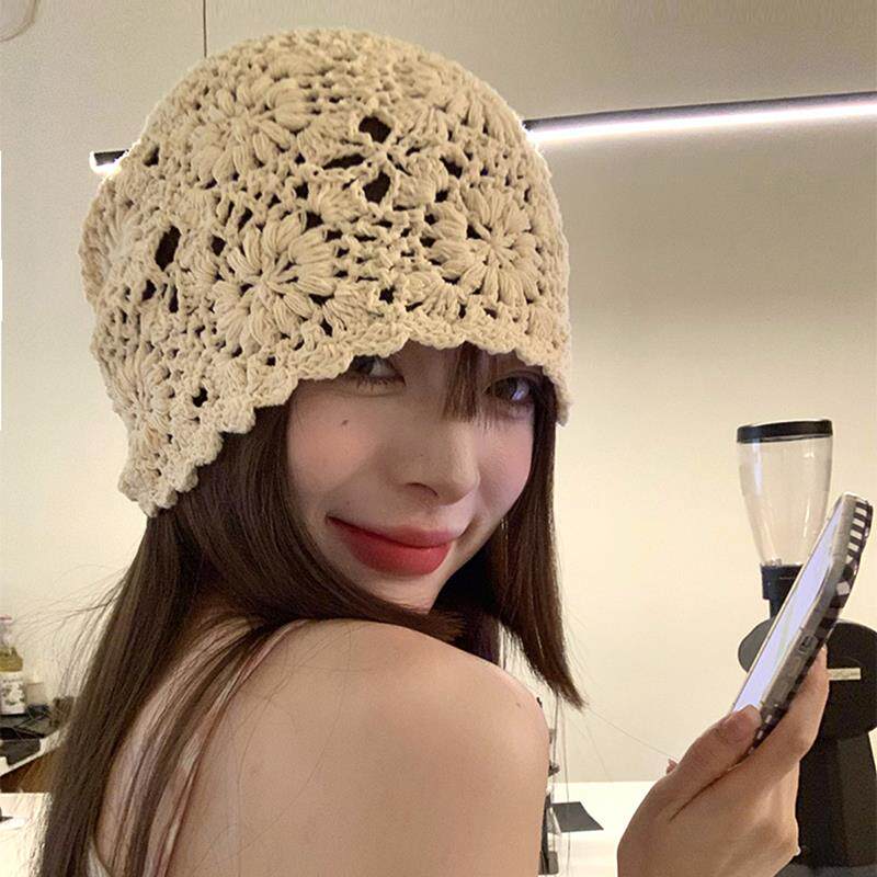 堆堆帽子女针织冬季白色大头围显脸小百搭镂空包头帽防晒帽子遮阳