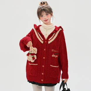 森女部落圣诞氛围感显白宽松连帽毛衣针织开衫 圣诞感恩回馈价