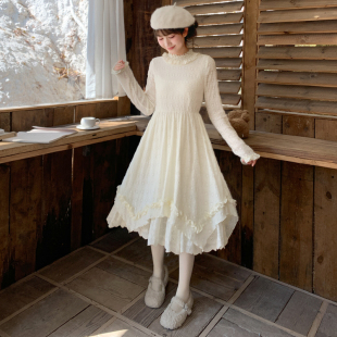 森女部落甜美温柔风不规则裙摆设计花边连衣裙女新款 百搭内搭裙冬