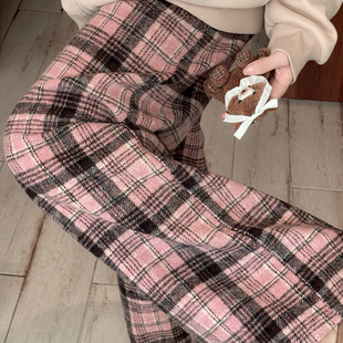 宽松百搭直筒裤 秋季 女2025新款 森女部落甜美风粉色格子高腰休闲裤
