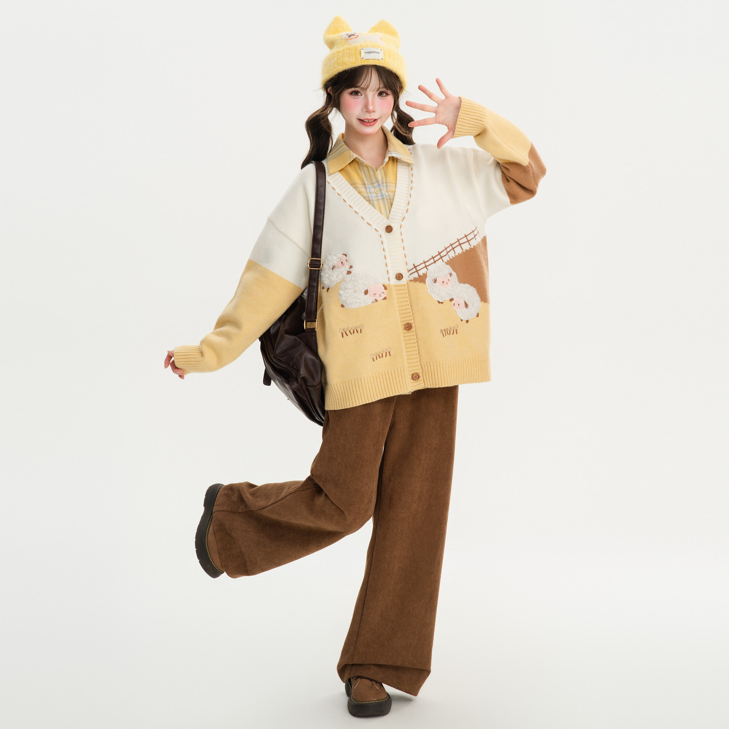 森女部落V领针织开衫女2026新款可爱风小羊刺绣宽松秋冬毛衣外套