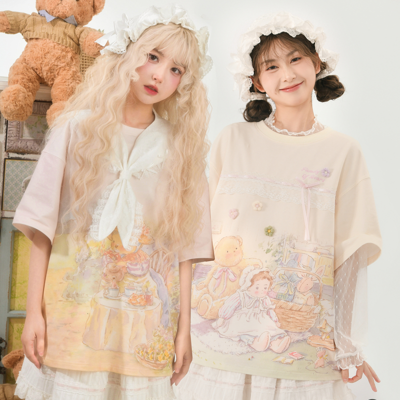 森女部落原创玩偶印花甜妹治愈系闺蜜装短袖T恤上衣2025夏季新款