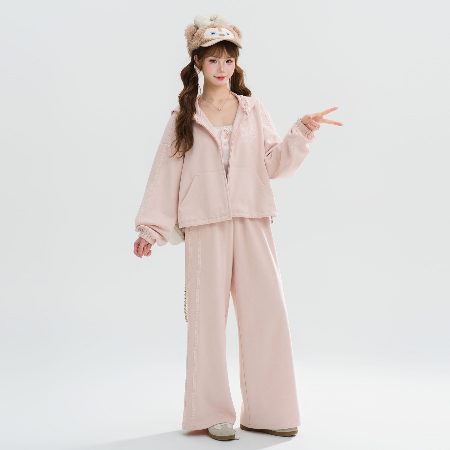 森女部落粉色蕾丝连帽卫衣女蝴蝶结刺绣少女宽松落肩开衫外套秋季