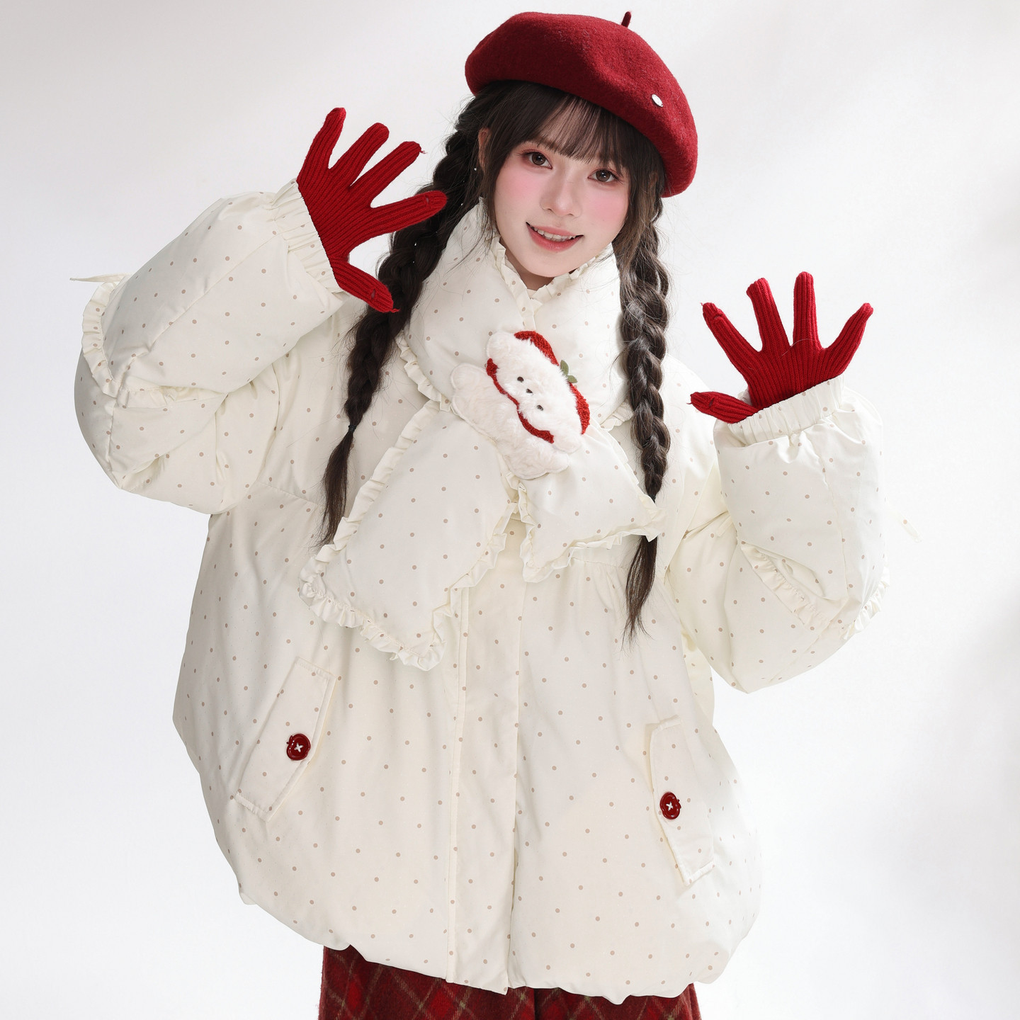 森女部落米白波点可拆围巾棉服