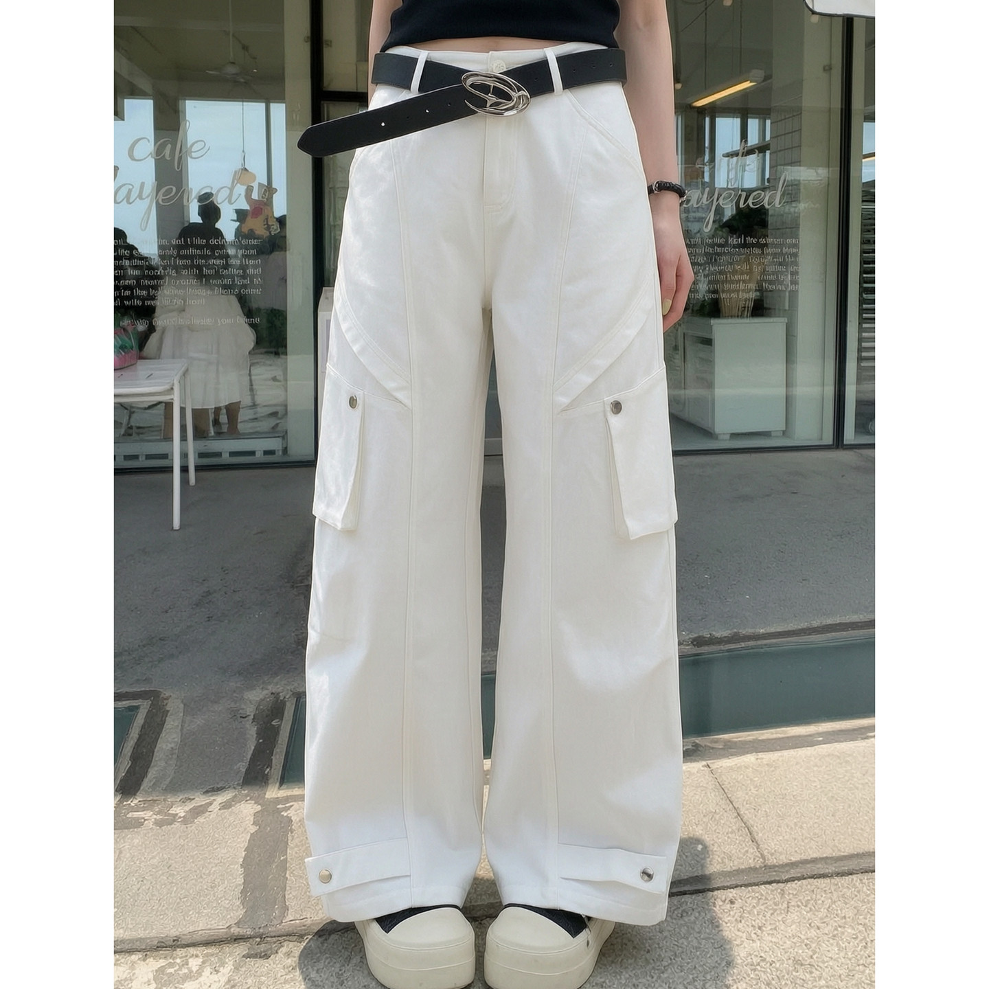 森女部落旗舰店白色工装阔腿裤女夏季休闲多口袋高腰宽松直筒长裤