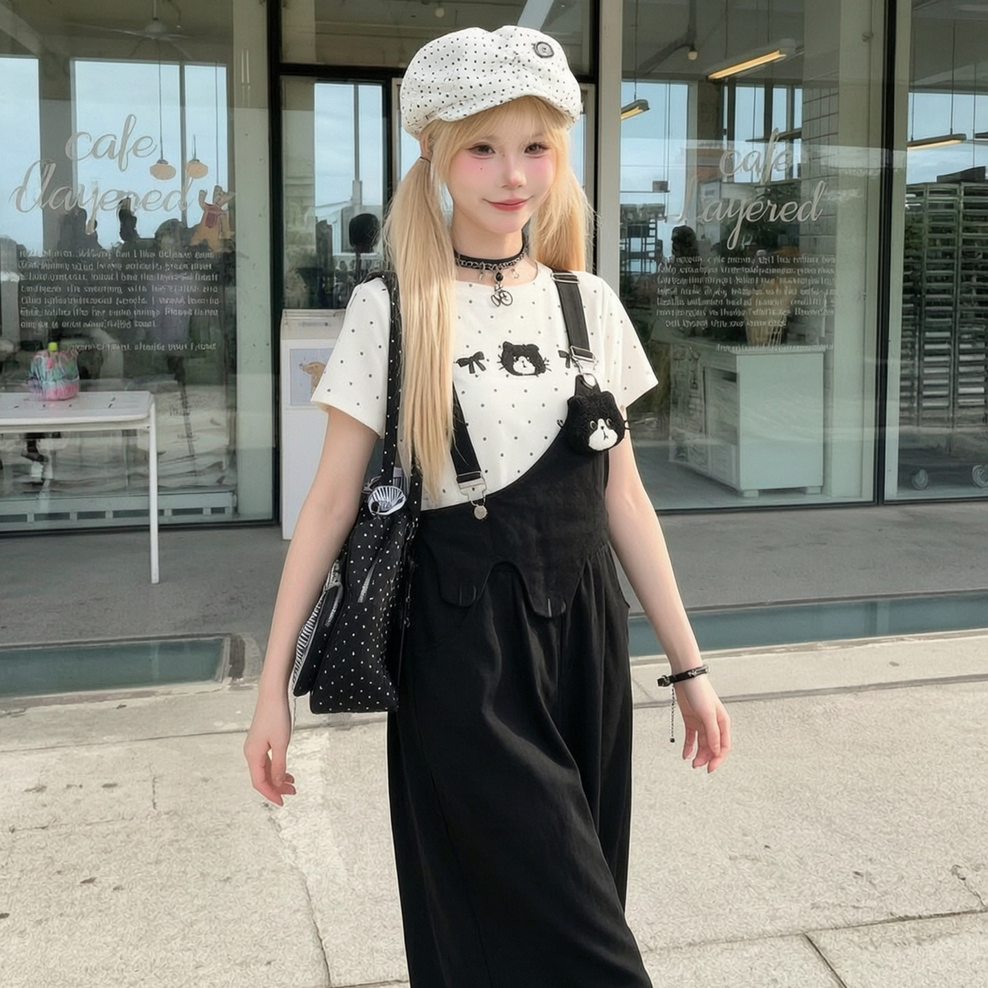 森女部落旗舰店甜美可爱猫咪刺绣黑色背带裤女2026新款直筒长裤夏
