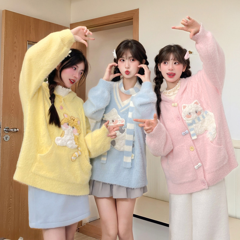 森女部落旗舰店甜美粉色猫咪刺绣连帽针织开衫长袖上衣2026新款秋