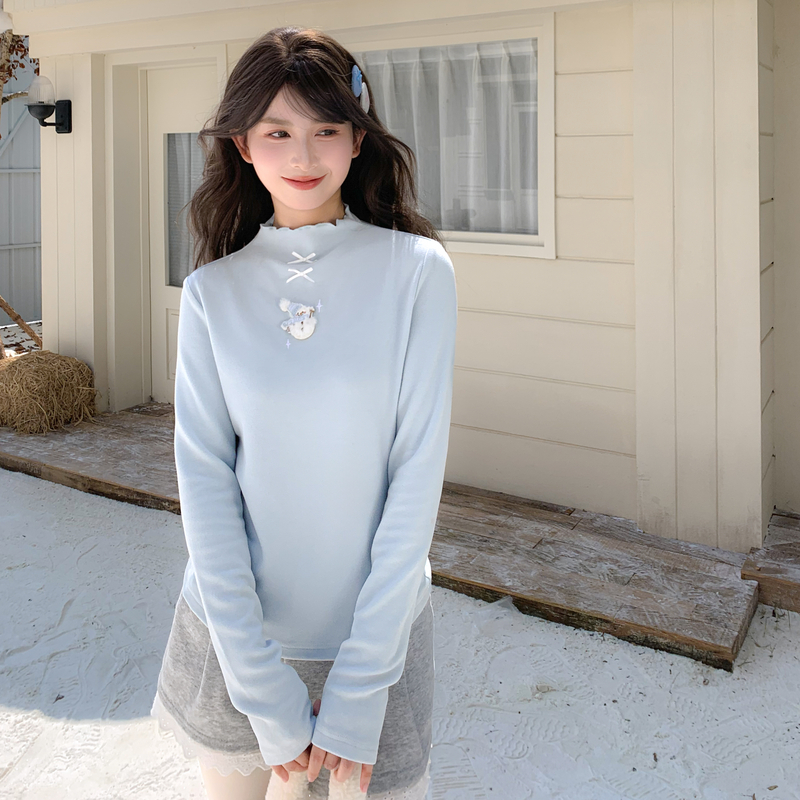 森女部落甜美风小雪人半高领打底衫2025新款保暖内搭长袖T恤女冬
