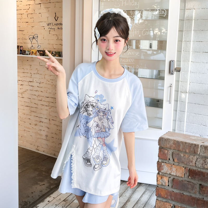 森女部落原创设计二次元印花水色T恤上衣宽松2025夏季新款短袖女