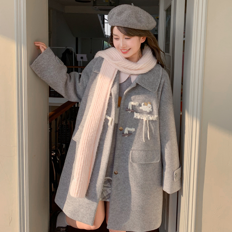 森女部落韩系灰色毛呢外套女2025新款秋百搭小狗刺绣宽松长款大衣