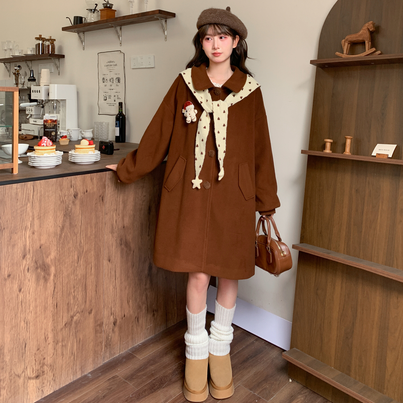 新品限时88折森女部落复古风宽松毛呢外套设计感百搭中长款大衣冬