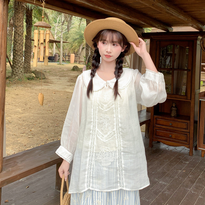 森女部落旗舰店甜美风白色正肩长袖衬衫蕾丝娃娃领设计感宽松上衣