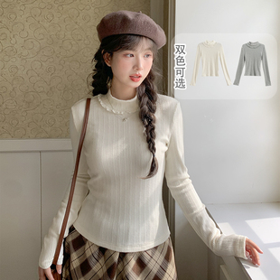 冬季 森女部落甜美风蕾丝边长袖 显瘦内搭打底衫 高领修身 T恤女新款