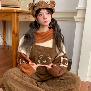 冬季 百搭摇粒绒灯笼裤 女2025新款 森女部落复古森系可爱小熊背带裤