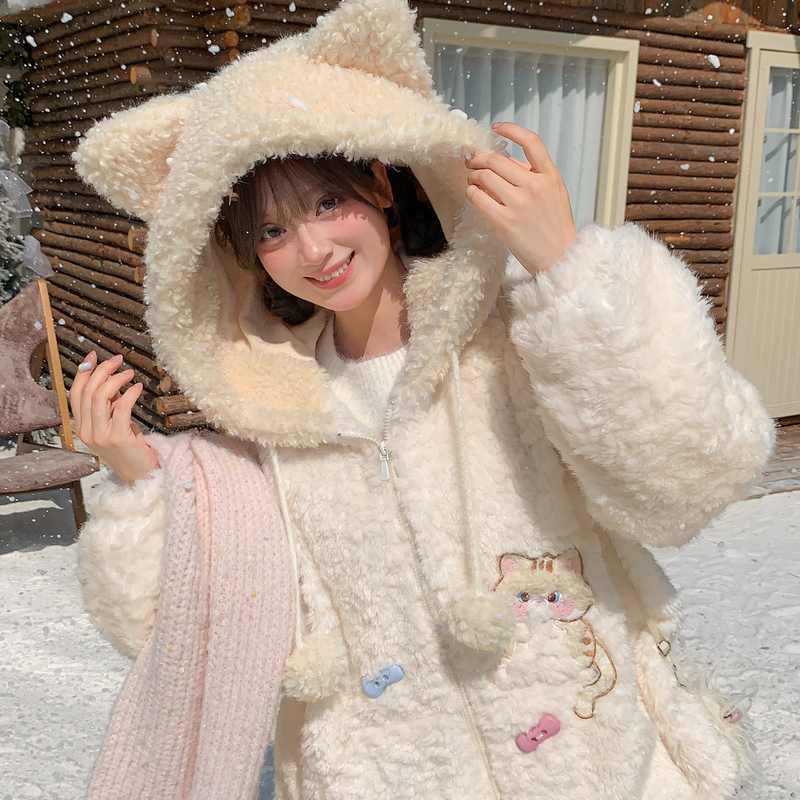 森女部落甜美风卡通设计感宽松毛绒卫衣女2025新款秋立耳连帽绒衫