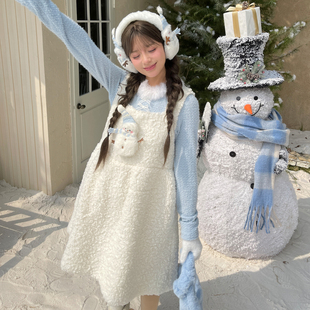 森女部落原创雪人羊羔绒背带裙A字秋冬连衣裙新款 女装