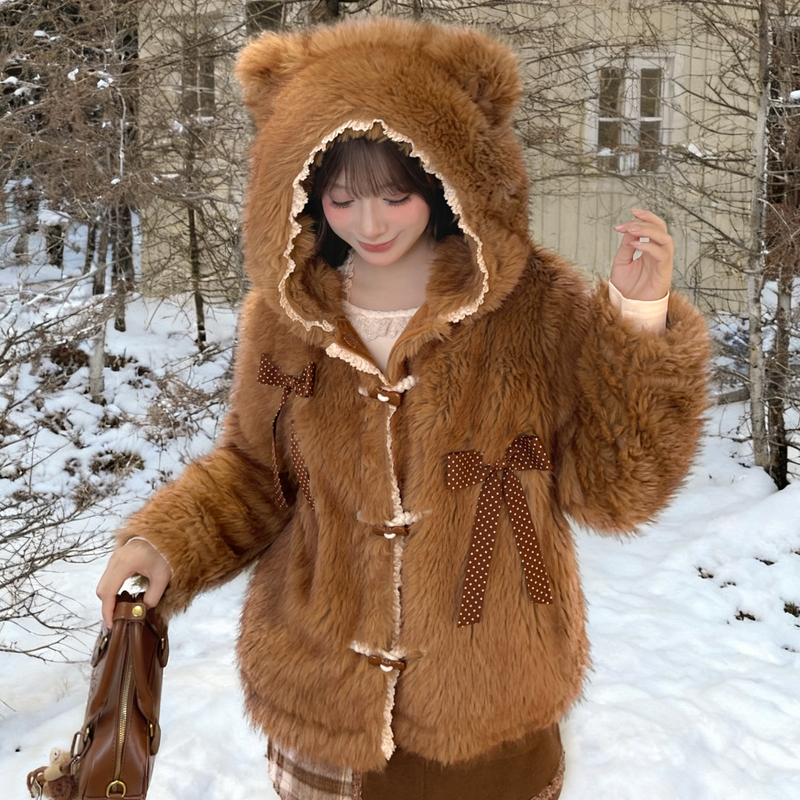 新品限时88折森女部落甜美萌趣设计熊耳连帽毛绒外套女新款宽松