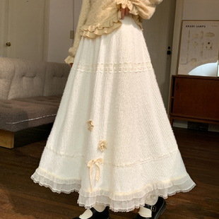 森女部落甜美森系高腰半身裙女2025新款 多层蕾丝设计感百搭长裙冬
