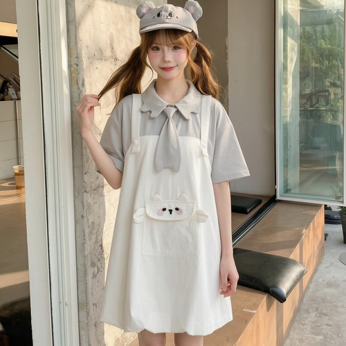 森女部落旗舰店童趣可爱小羊假两件宽松短袖连衣裙女2026夏白色裙