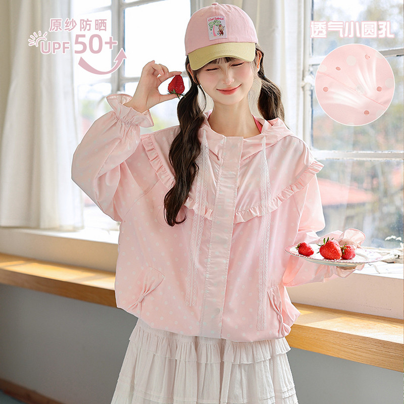 森女部落甜美风UPF50+防晒服女2026新款波点宽松连帽薄外套夏季
