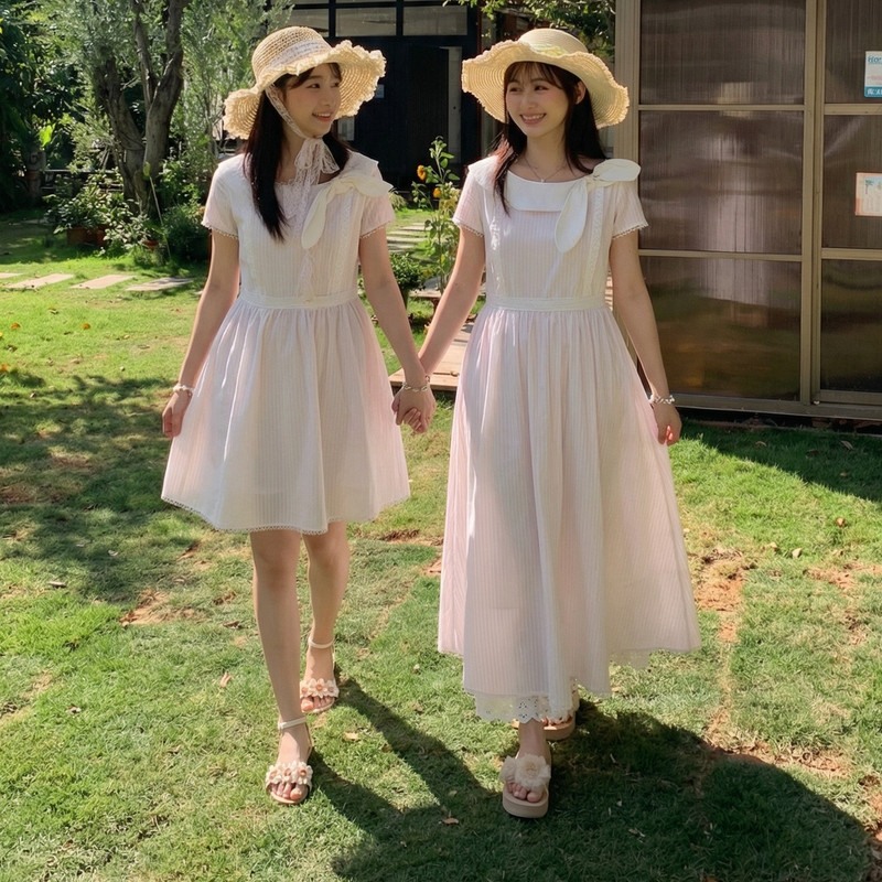 森女部落法式纯棉条纹连衣裙女新款大翻领蝴蝶结设计感甜美长裙夏