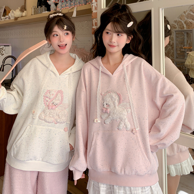 森女部落甜美风粉色连帽卫衣女2025新款秋冬可爱小狗刺绣宽松上衣