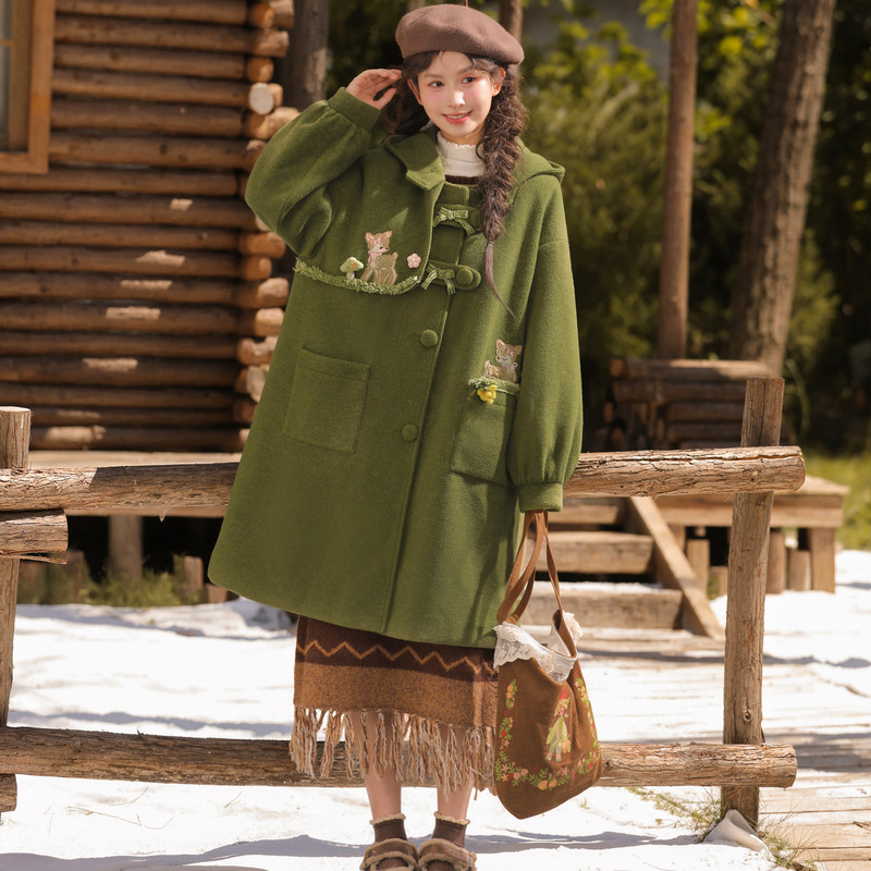 森女部落森系可爱小鹿刺绣连帽毛呢外套女2025新款宽松大衣冬季