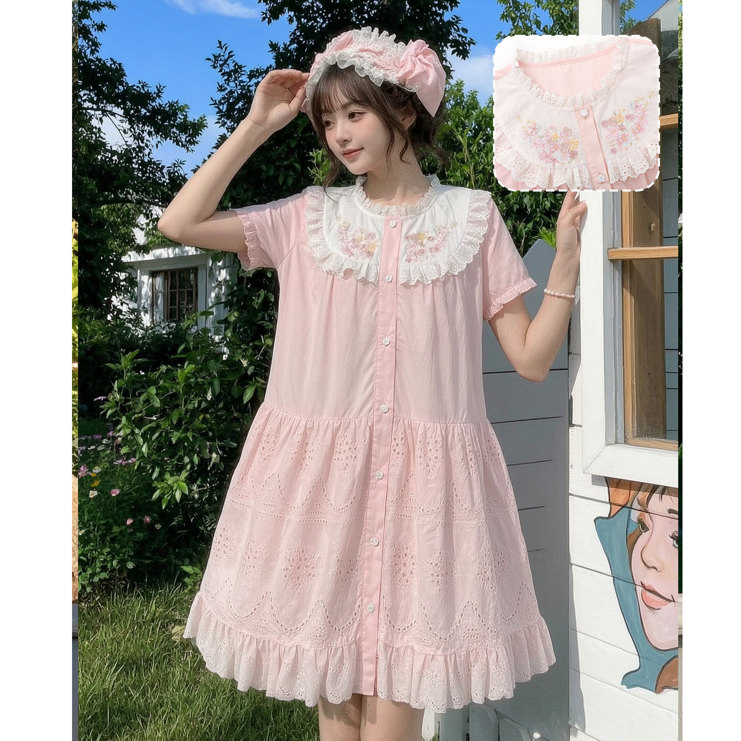森女部落旗舰店甜美风刺绣设计感镂空全棉宽松短袖连衣裙女2026