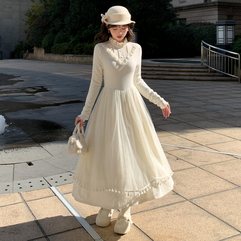 森女部落甜美温柔风立领长袖长裙2026新款百搭修身显瘦连衣裙冬季