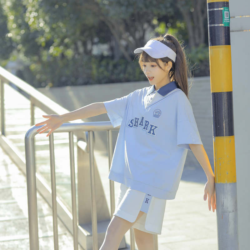 原创森女部落假两件POLO领上衣T恤休闲短裤休闲运动风夏款