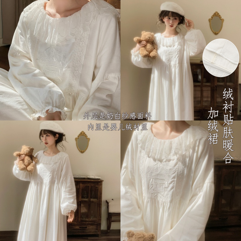 森女部落甜美风重工刺绣纯棉长袖连衣裙女宽松大裙摆蕾丝A字裙冬