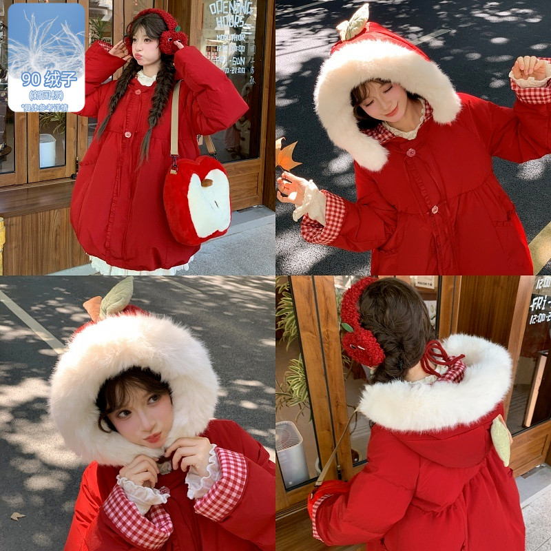 森女部落甜美圣诞风90白鸭绒连帽羽绒服女2026新款冬宽松保暖外套