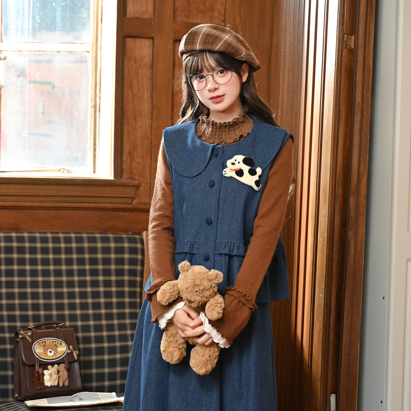 森女部落学院风时尚套装女2025新款秋可爱小狗娃娃领马甲宽松上衣